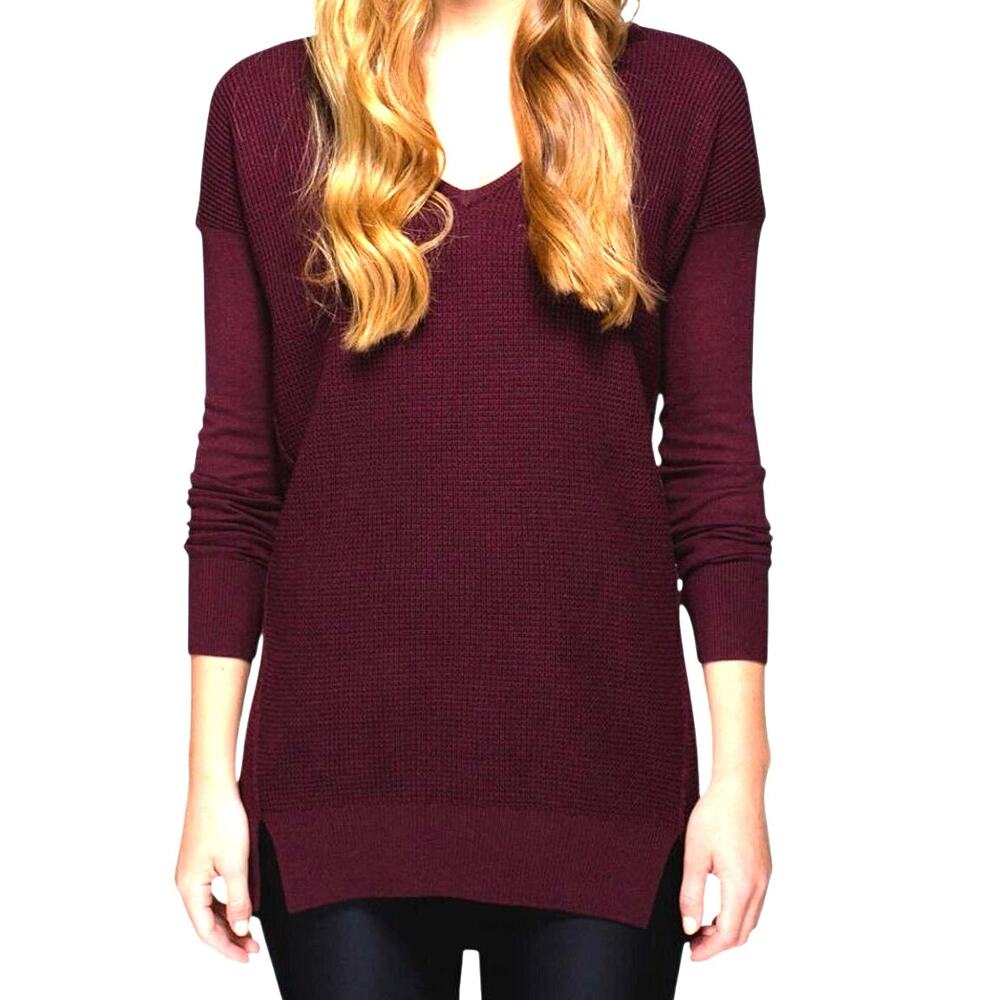 V-Neck Long Sleeve Tunic Sweater - Burgundy